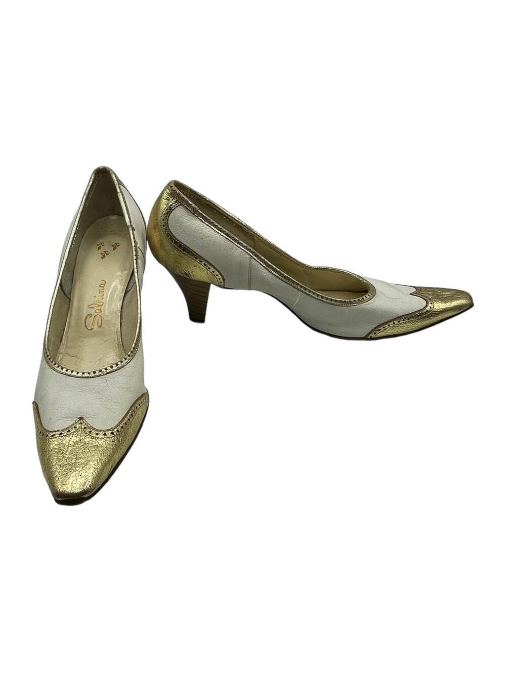 Vintage Gold Spectator Heels: White Leather Kitten Heel Pumps